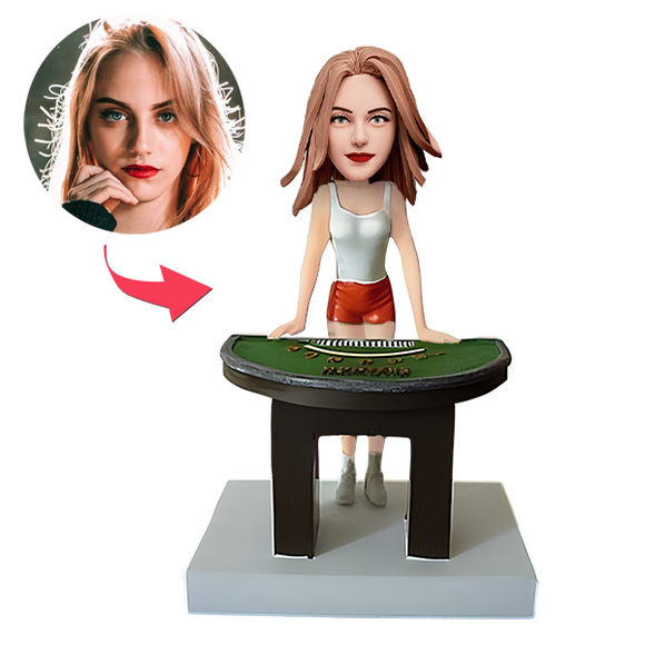 Customized Female Bobblehead Gambling Dealer Standing at The Gaming Table