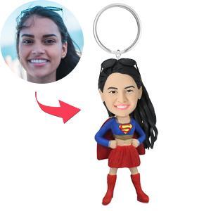 Superhero Woman Custom Bobblehead With Engraved Text Key Chain
