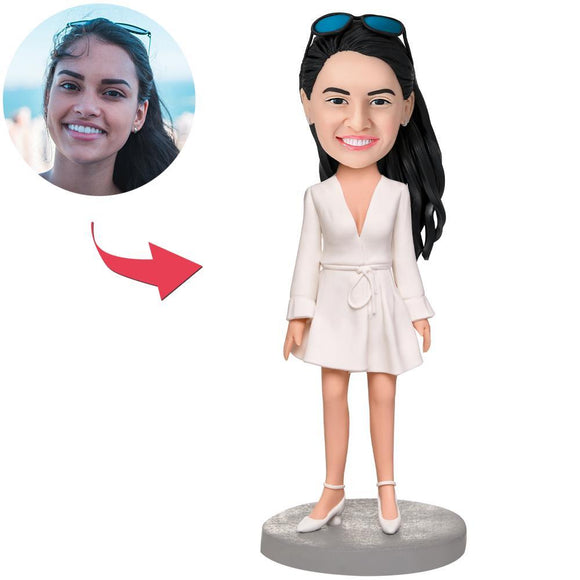 Custom Beautiful Girl Wear White Dress Bobbleheads With Engraved Text