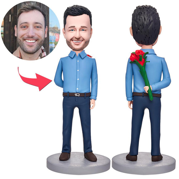 Man With A Rose Behind Him Custom Bobbleheads With Engraved Text