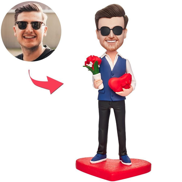 Man Holding a Bouquet of Roses and a Heart Custom Bobbleheads With Engraved Text
