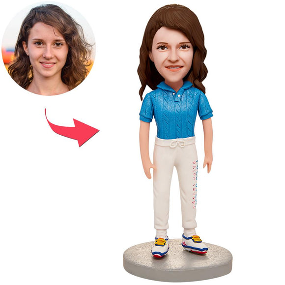 Blue T-shirt Woman Custom Bobbleheads With Engraved Text