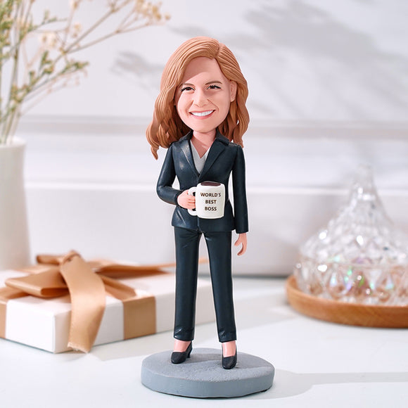 Female Business Christmas Gift Custom Bobblehead Gift World's Best Boss Holding A Water Glass