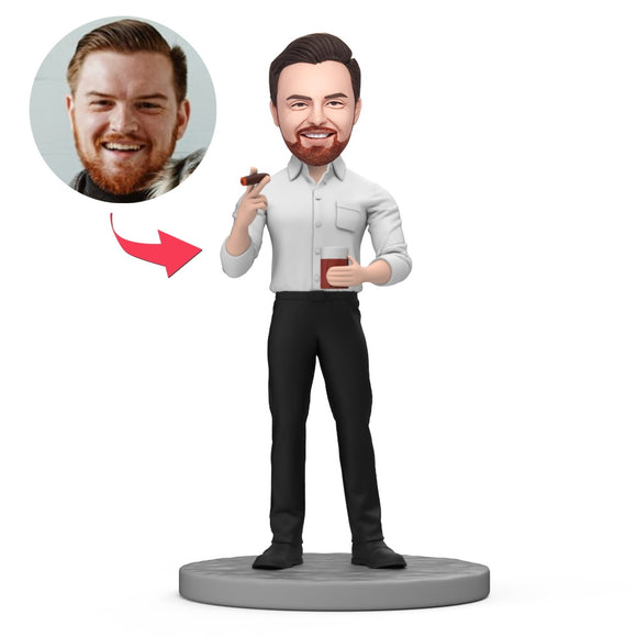 Male Boss Hold Wine in Hand Custom Bobblehead with Engraved Text