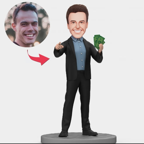 Business Men Hold Banknotes in Hand Custom Bobblehead with Engraved Text