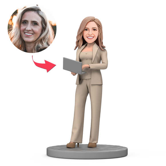 Female Boss Work with Computer in Hand Custom Bobblehead with Engraved Text