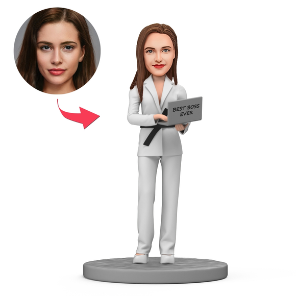 Female Best Boss Ever Work with Computer in Hand Custom Bobblehead with Engraved Text