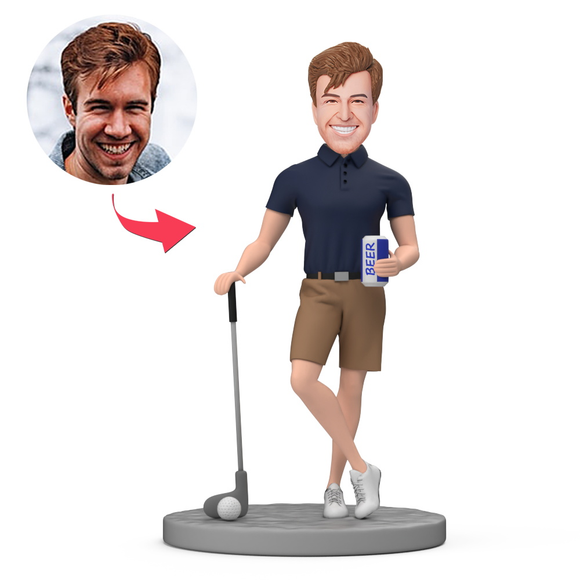 Man Play Golf with Beer Custom Bobblehead with Engraved Text