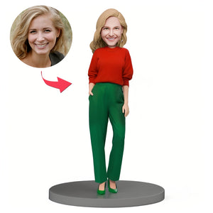 Christmas Gift Custom Bobble Head Woman Wearing Red and Green Christmas Fashion Suit
