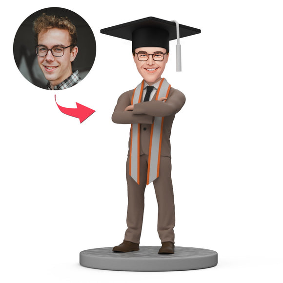 Custom Bobbleheads for Graduation Male in Brown Suit with Bachelor Cap