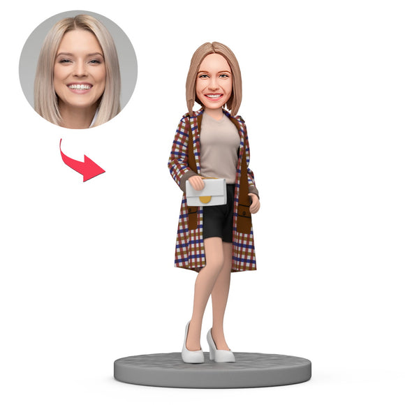 Mother's Day Gift Fashion Lady in Plaid Coat Custom Bobbleheads with Engraved Text