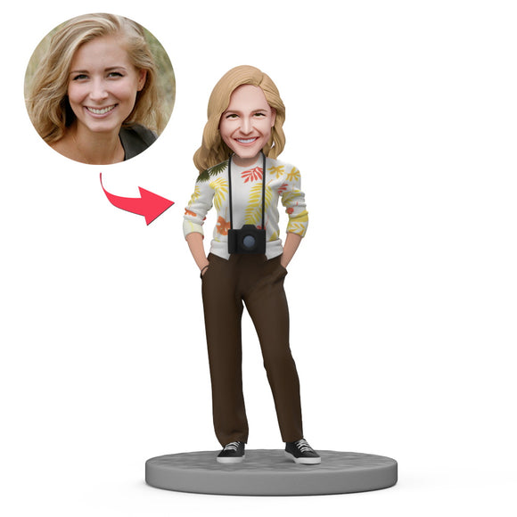 Custom Bobbleheads with Engraved Text Casual Women with Camera