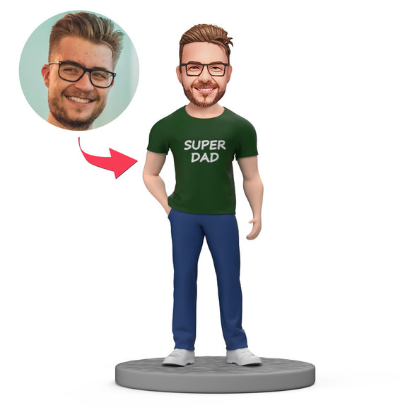 Super Dad in Green Shirt Custom Bobbleheads with Engraved Text