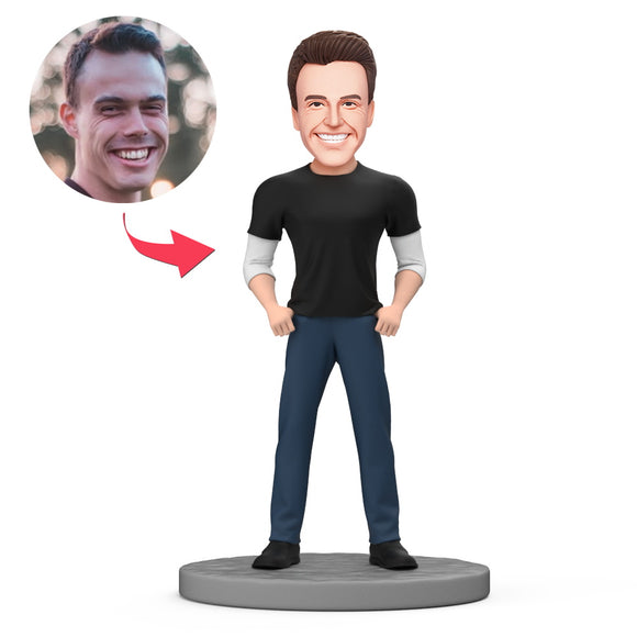 Casual Man Wearing Black Shirt and Jeans Custom Bobblehead with Engraved Text for Dad
