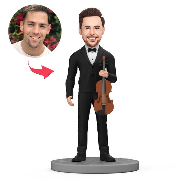 Man in Black Suit and Tie Holding Violin Custom Bobblehead with Engraved Text for Dad