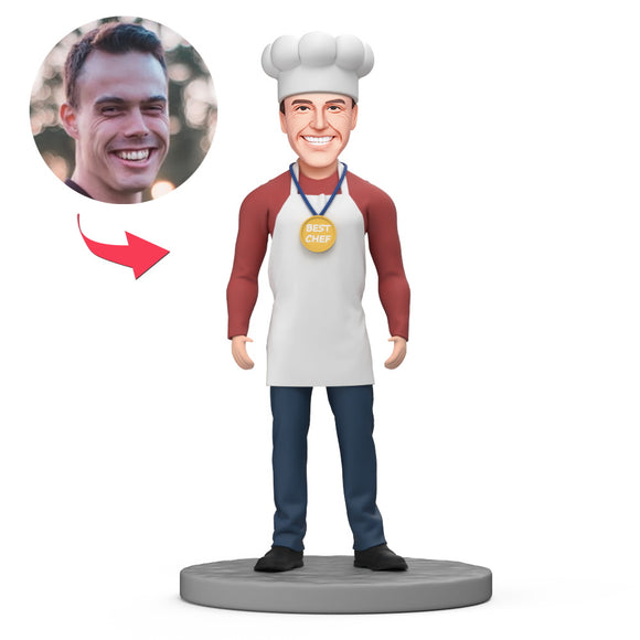 Male Best Chef Wear White Apron and Chef Hat Custom Bobblehead with Engraved Text