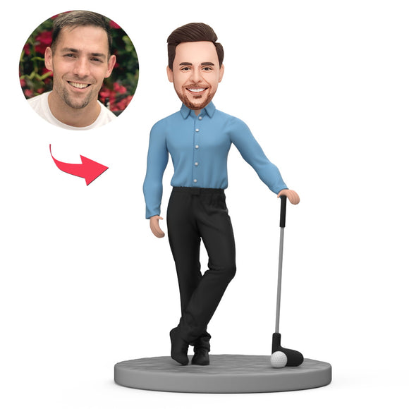 Male Golf Wear Blue Shirt and Black Pants Custom Bobblehead with Engraved Text