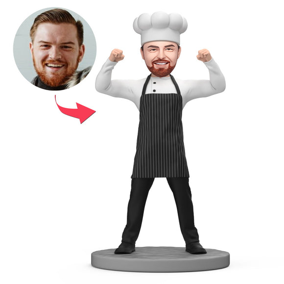 Male Powerful Chef Wear Black Apron Custom Bobblehead with Engraved Text