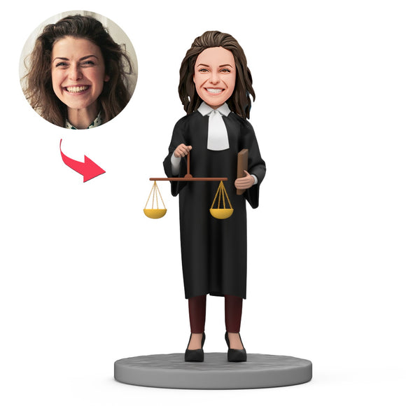 Female Lawyer Hold Scale and Book in Hands Custom Bobblehead with Engraved Text