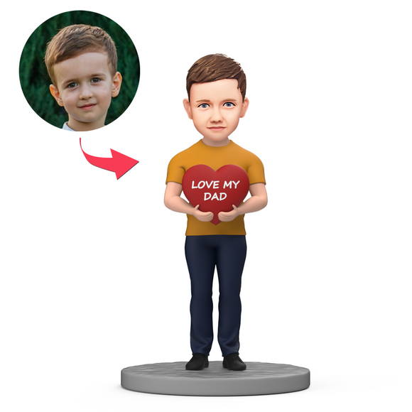 Boy Hold Heart on Chest LOVE MY DAD Custom Bobblehead with Engraved Text