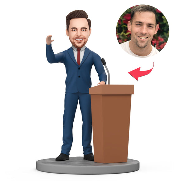 Male Boss Speak on the Podium Custom Bobblehead with Engraved Text