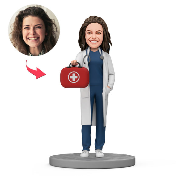 Female Doctor Hold First Aid Kit Custom Bobblehead with Engraved Text