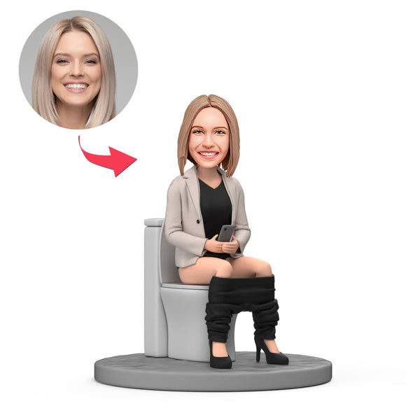 Female Boss Sit on the Toilet Custom Bobblehead with Engraved Text