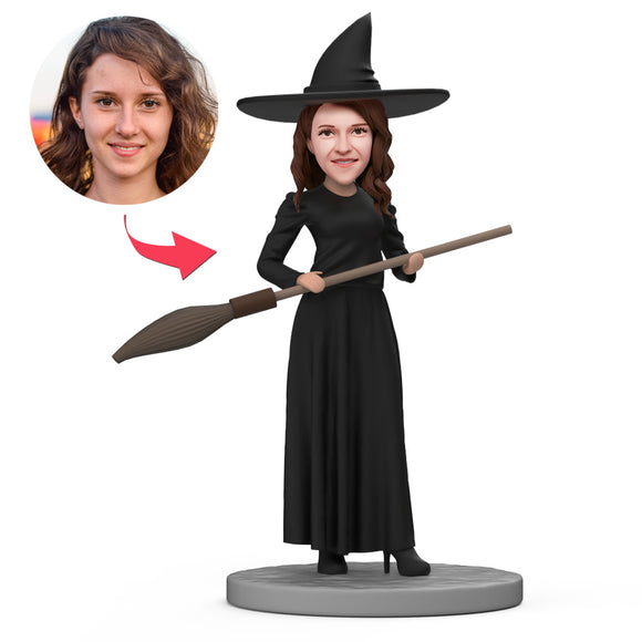 Female Magician Hold Broom Custom Bobblehead with Engraved Text