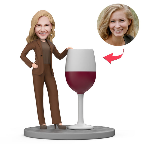 Female Boss with Red Wine Custom Bobblehead with Engraved Text