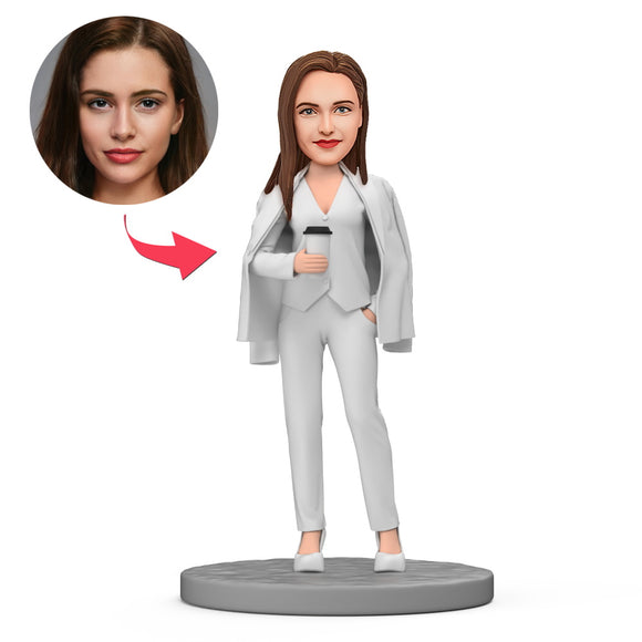 Female Wear White Suit and Hold Coffee Custom Bobblehead with Engraved Text - 