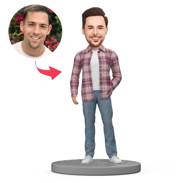 Custom Bobblehead Casual Men in A Plaid Shirt With Text