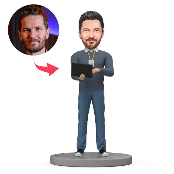 Custom Bobblehead Software Engineer Holding Laptop and Showing Badge