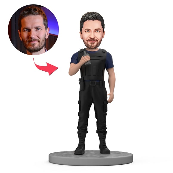 Custom Bobblehead Handsome Policeman in Body Armor With Walkie Talkie in Hand