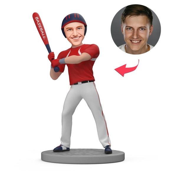 Custom Bobblehead Baseball Batter in Red Jersey Holding Baseball Bat