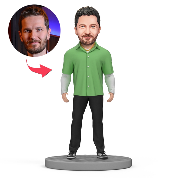 Custom Bobblehead Casual Man in A Green Shirt Bobblehead With Text