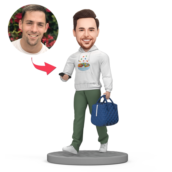 Custom Bobblehead Casual Man in A White Sweater and Holding a Handbag Bobblehead With Text