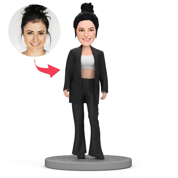 Modern Girl in Black Oversize Suit  Custom Bobblehead With Text