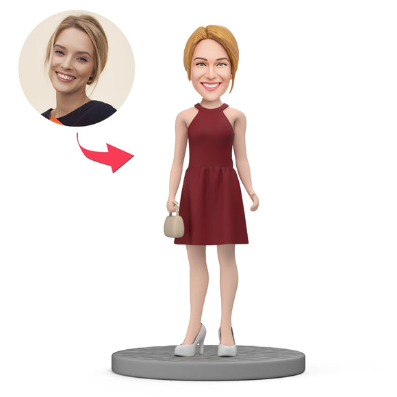 Custom Bobblehead Young Lady in Red Dress Gift For Her