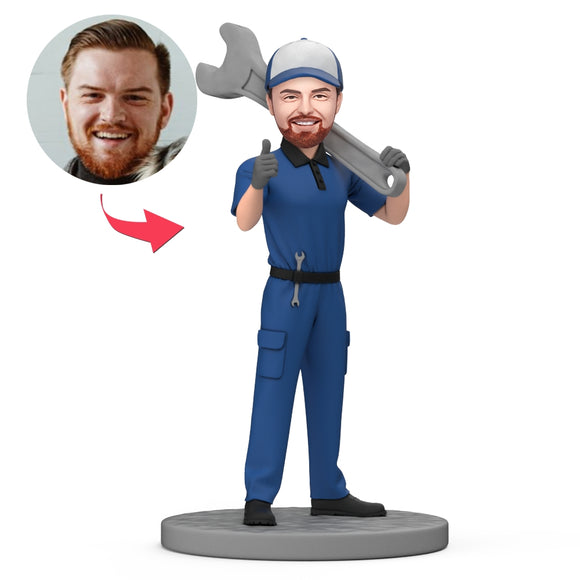 Custom Bobblehead Best Auto Mechanic in A Uniform Standing And Carrying a Tool