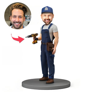 Custom Bobblehead Carpenter Holding Drill With Text