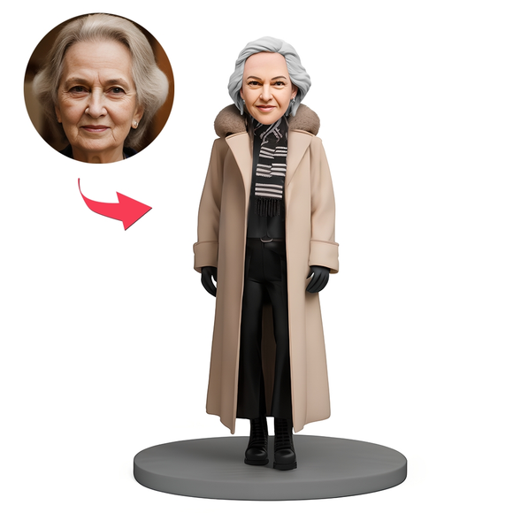 Custom Bobblehead Elderly Woman Wearing Stylish Long Coat