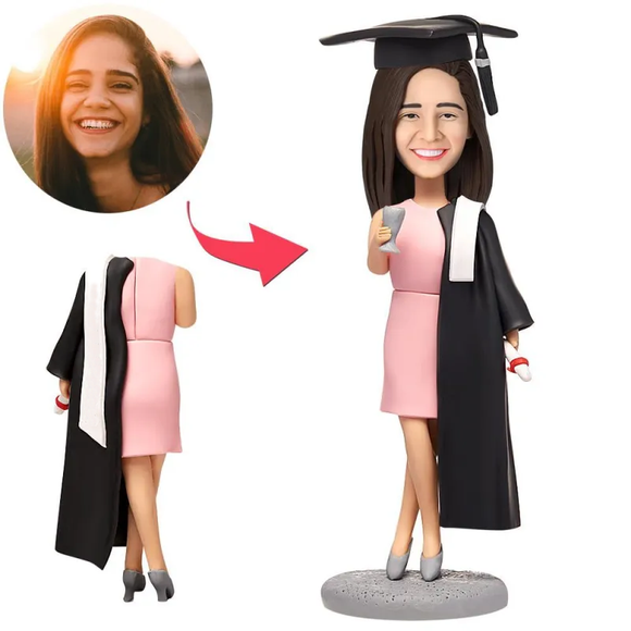Female graduate put the bachelor's uniform on the skirt Custom Bobblehead With Engraved Text