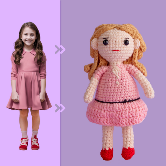 Full Body Customizable 1 Person Custom Crochet Doll Personalized Gifts Handwoven Mini Dolls - Girl in Pink Skirt - Myphotowallet