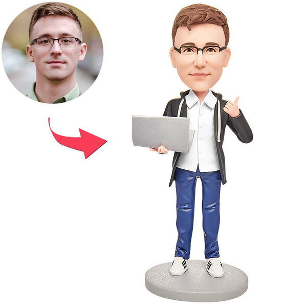 Male Software Engineer with Computer Custom Bobblehead Engraving with Text