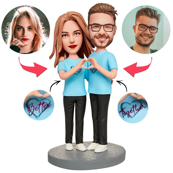 Blue Couple Outfit Forever Together Custom Bobblehead with Engraved Text