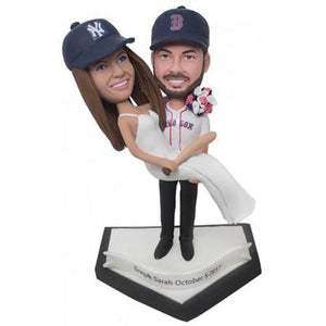 Sports Bridegroom Holds The Bride Custom Bobblehead With Engraved Text
