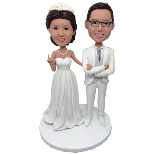 White Suit Wedding Custom Bobblehead With Engraved Text