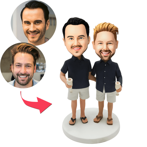 Casual Same-sex Male Couple Custom Bobblehead With Engraved Text