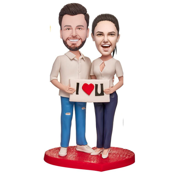 The Couple with The I LOVE U Sign Custom Bobbleheads With Engraved Text