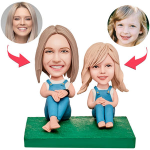 Mothers Day Gift Mother and Daughter in Suspenders Custom Bobblehead with Engraved Text